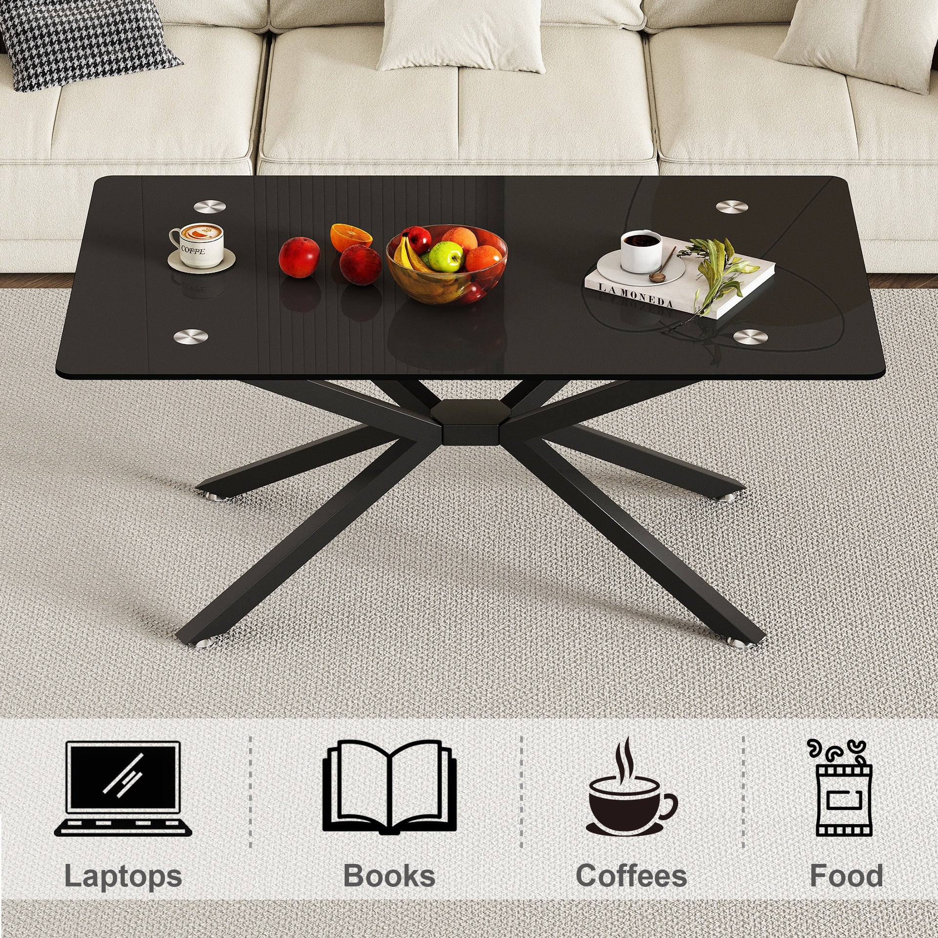 39.37" Rectangle Black Glass Coffee Table,Stylish Design with  Black Metal Legs, Coffee Table for Living Room