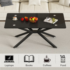 39.37" Rectangle Black Glass Coffee Table,Stylish Design with  Black Metal Legs, Coffee Table for Living Room