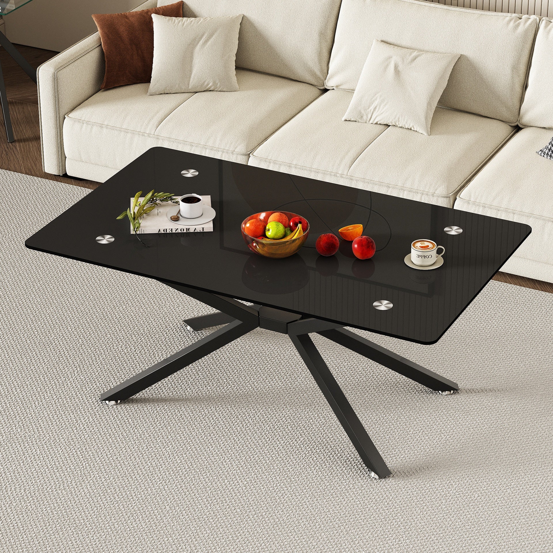 39.37" Rectangle Black Glass Coffee Table,Stylish Design with  Black Metal Legs, Coffee Table for Living Room