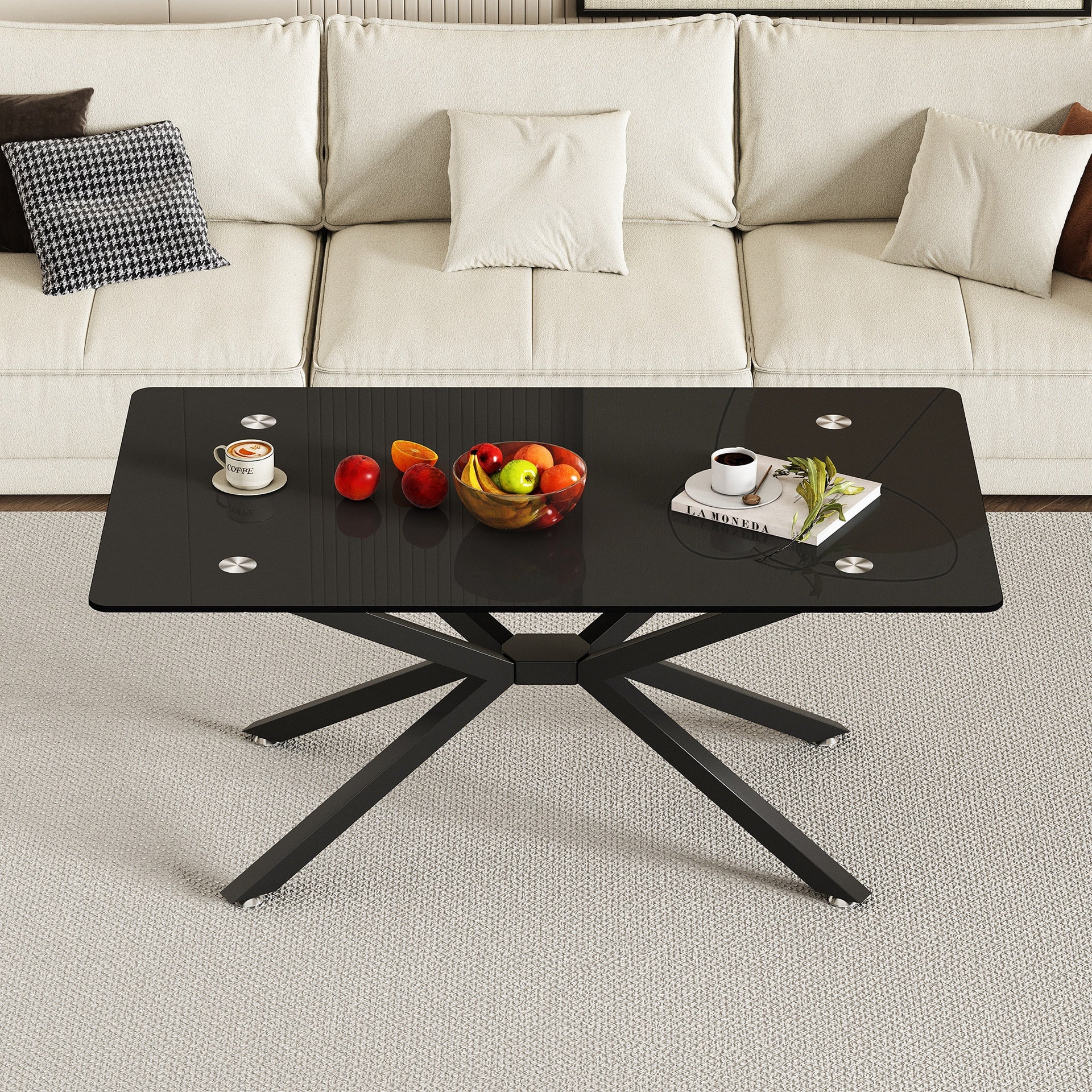 39.37" Rectangle Black Glass Coffee Table,Stylish Design with  Black Metal Legs, Coffee Table for Living Room