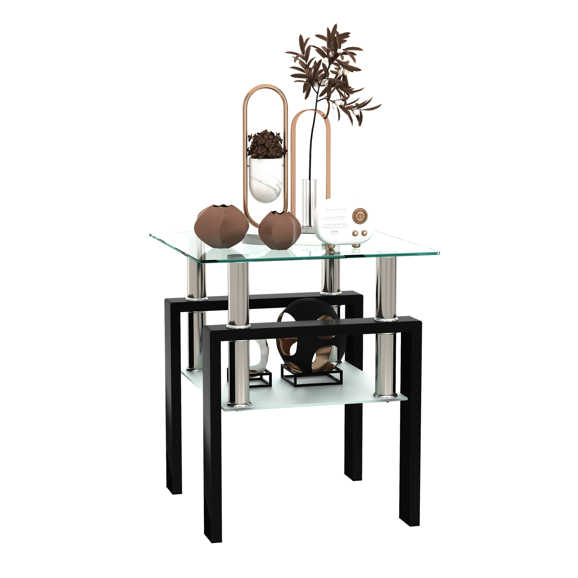1-Piece Modern Tempered Glass Tea Table Coffee Table End Table, Square Table for Living Room, Transparent/Black
