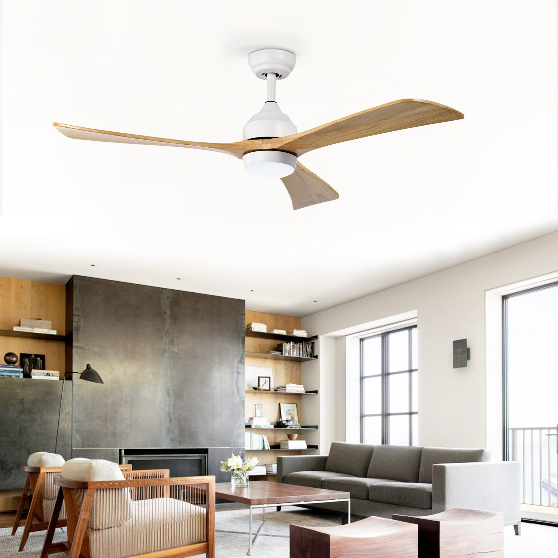 52" Solid Wood Blades Ceiling Fan with Lights Remote Control,Quiet DC Motor 3 Blade Ceiling Fans 6 Speed Levels,Reversible Ceiling Fan, for Patio Living Room, Bedroom, Office,Indoor.(White +Natural)