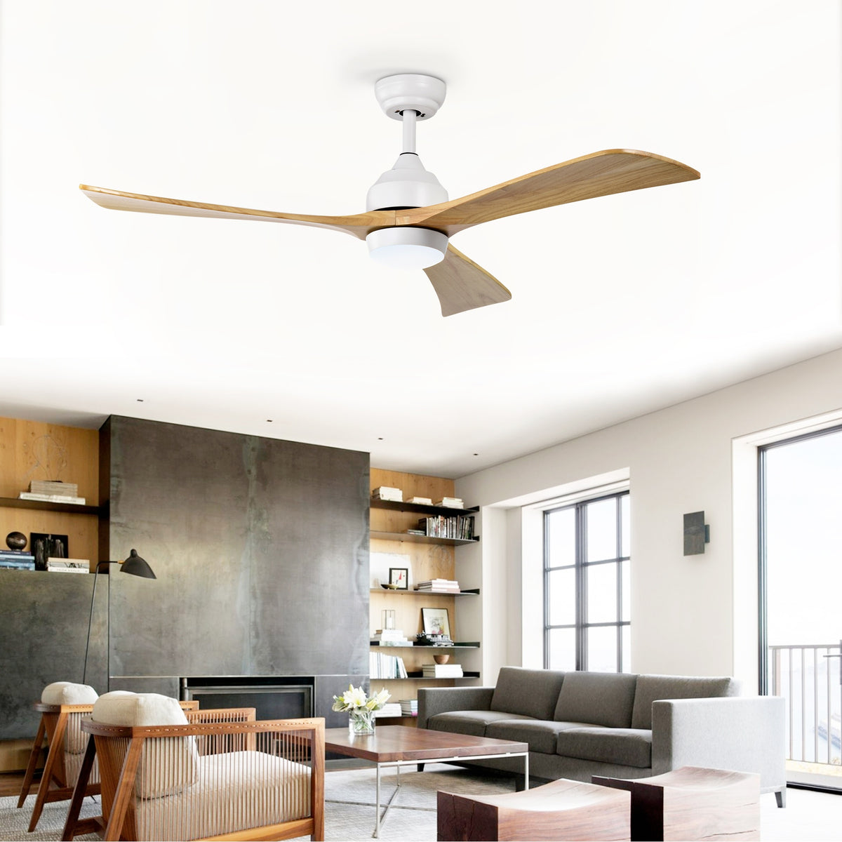 52" Solid Wood Blades Ceiling Fan with Lights Remote Control,Quiet DC Motor 3 Blade Ceiling Fans 6 Speed Levels,Reversible Ceiling Fan, for Patio Living Room, Bedroom, Office,Indoor.(White +Natural)