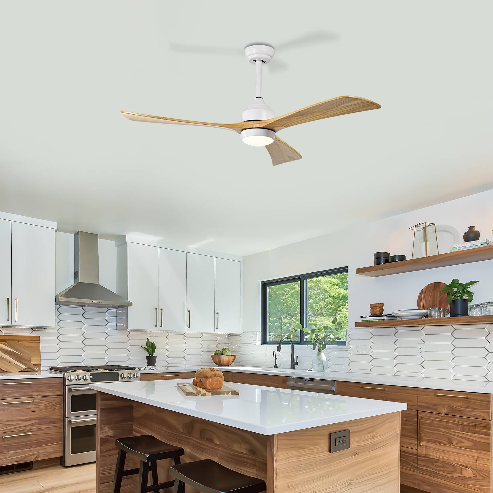 52" Solid Wood Blades Ceiling Fan with Lights Remote Control,Quiet DC Motor 3 Blade Ceiling Fans 6 Speed Levels,Reversible Ceiling Fan, for Patio Living Room, Bedroom, Office,Indoor.(White +Natural)