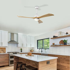 52" Solid Wood Blades Ceiling Fan with Lights Remote Control,Quiet DC Motor 3 Blade Ceiling Fans 6 Speed Levels,Reversible Ceiling Fan, for Patio Living Room, Bedroom, Office,Indoor.(White +Natural)