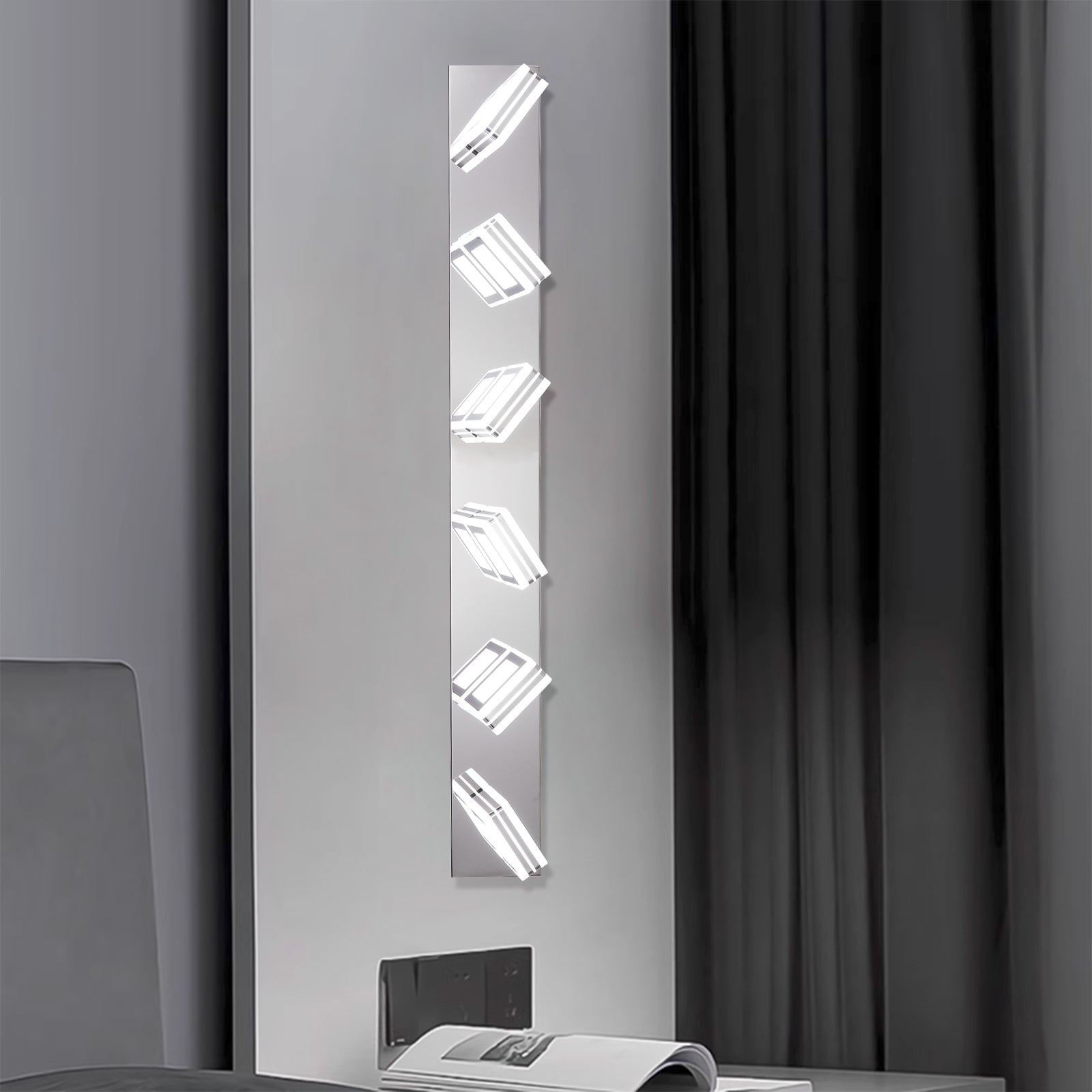 39" Modern Chrome 6-Light LED Vanity Light, Square Acrylic Lampshades Wall Mount Fixture for Bathroom, Mirror Lighting