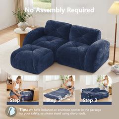 L-shaped Boneless Sofa,Soft Velvet Fabric,Tufted Design,32D High Density Sponge,No Assembly Required,Ergonomic Design Bottom, Anti-Slip Design,Movable Ottoman For Bedrooms,Blue