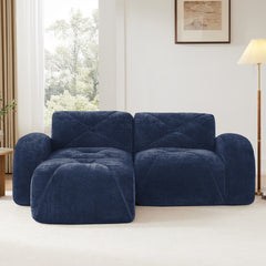 L-shaped Boneless Sofa,Soft Velvet Fabric,Tufted Design,32D High Density Sponge,No Assembly Required,Ergonomic Design Bottom, Anti-Slip Design,Movable Ottoman For Bedrooms,Blue