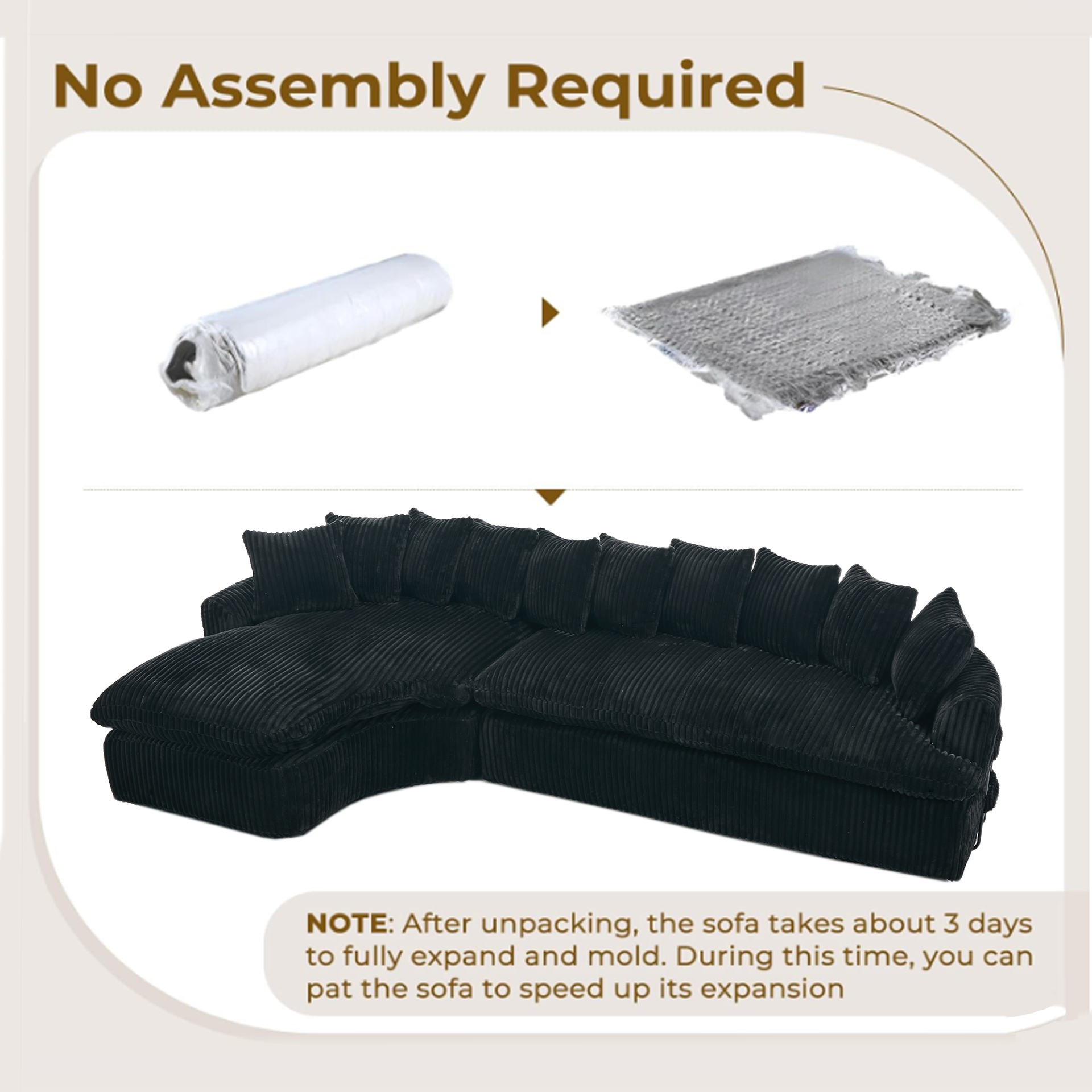 [NEW ARRIVED] [VIDEO PROVIDED]   127''  Large Sectional Sofa ,Elegant Curved Design ,High-Resilience Foam ,Ten Back Cushions,L-Shape Left Sofa,No Assembly  Required , (Black
-Soft Corduroy Fabric)