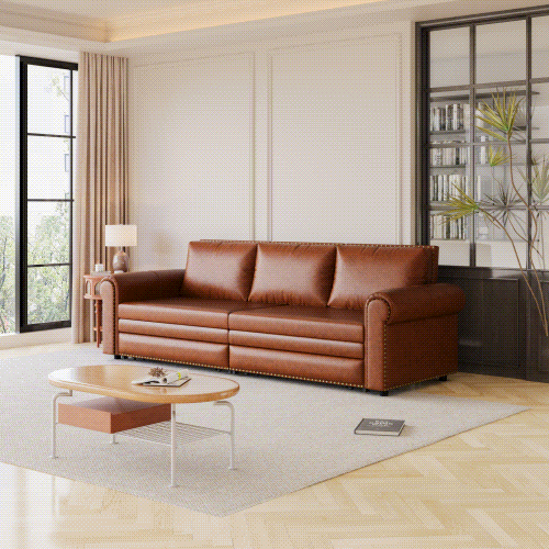 Chesterfield Sofa,93.7" King Pull Out Sofa Bed, 3-in-1 Faux Leather Convertible Sleeper Sofa with Nailhead Trim & Rolled Arm,Multi-Functional Sofa Bed,Light Brown(new sku:W1885S00095/W1885S00034)