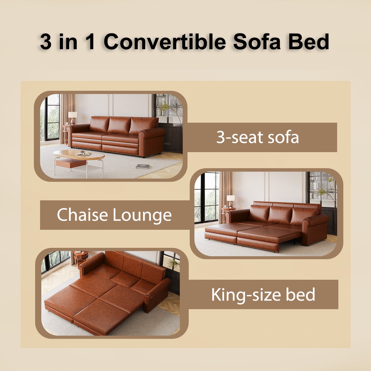 Chesterfield Sofa,93.7" King Pull Out Sofa Bed, 3-in-1 Faux Leather Convertible Sleeper Sofa with Nailhead Trim & Rolled Arm,Multi-Functional Sofa Bed,Light Brown(new sku:W1885S00095/W1885S00034)