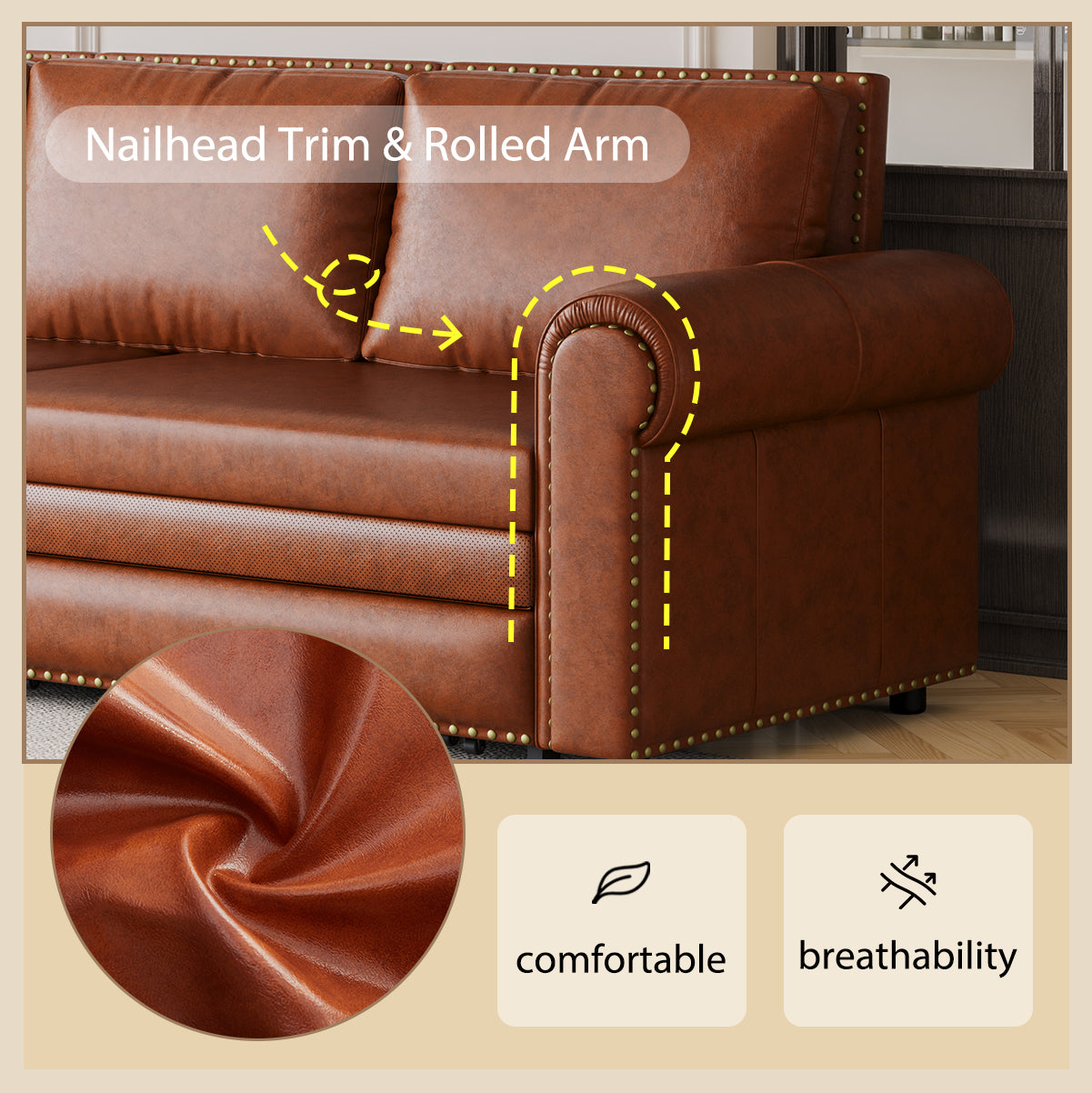 Chesterfield Sofa,93.7" King Pull Out Sofa Bed, 3-in-1 Faux Leather Convertible Sleeper Sofa with Nailhead Trim & Rolled Arm,Multi-Functional Sofa Bed,Light Brown(new sku:W1885S00095/W1885S00034)
