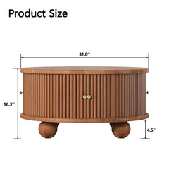 Round Fluted Coffee Table with Storage, Pine Solid Wood, Sliding Door, Walnut, 31.8"