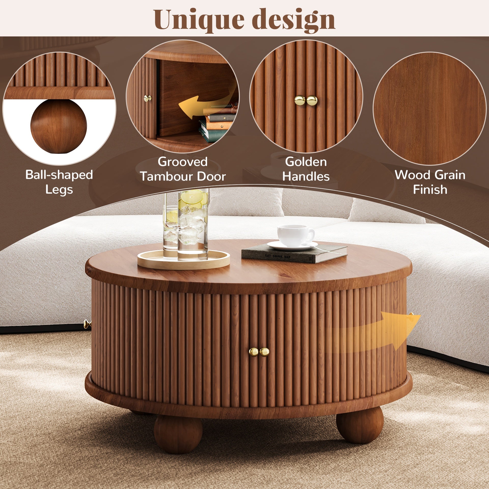 Round Fluted Coffee Table with Storage, Pine Solid Wood, Sliding Door, Walnut, 31.8"
