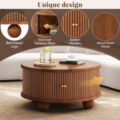 Round Fluted Coffee Table with Storage, Pine Solid Wood, Sliding Door, Walnut, 31.8"