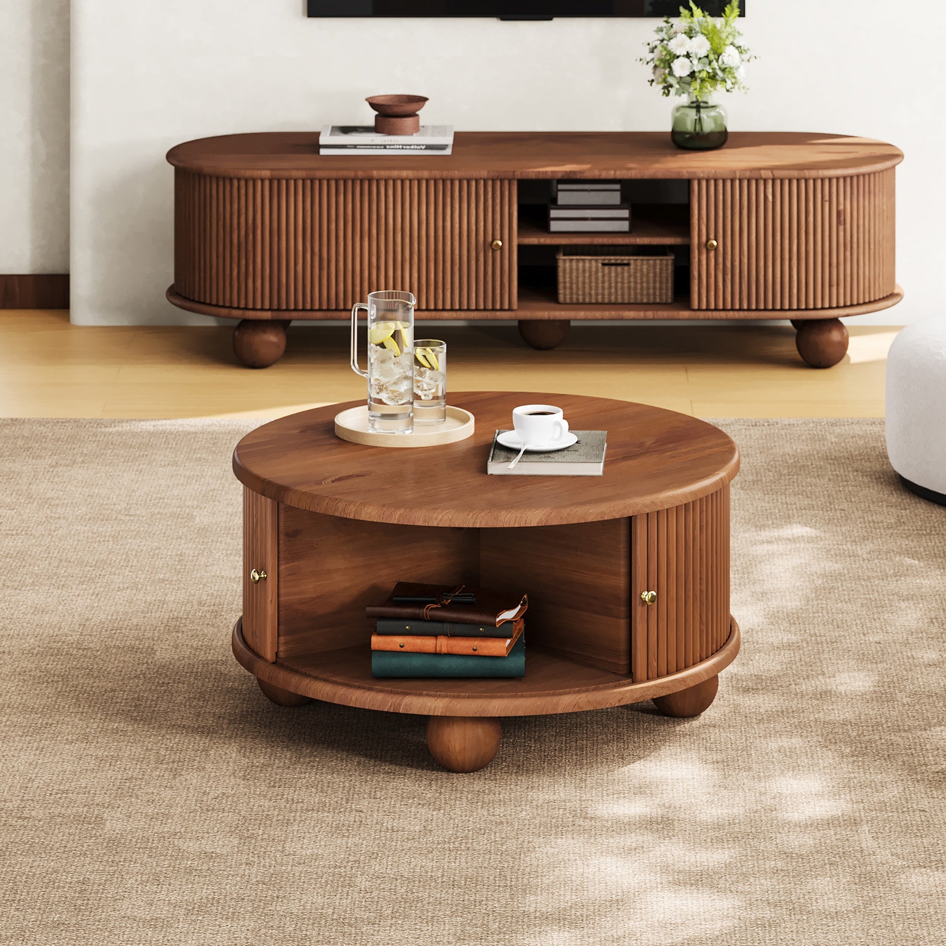 Round Fluted Coffee Table with Storage, Pine Solid Wood, Sliding Door, Walnut, 31.8"