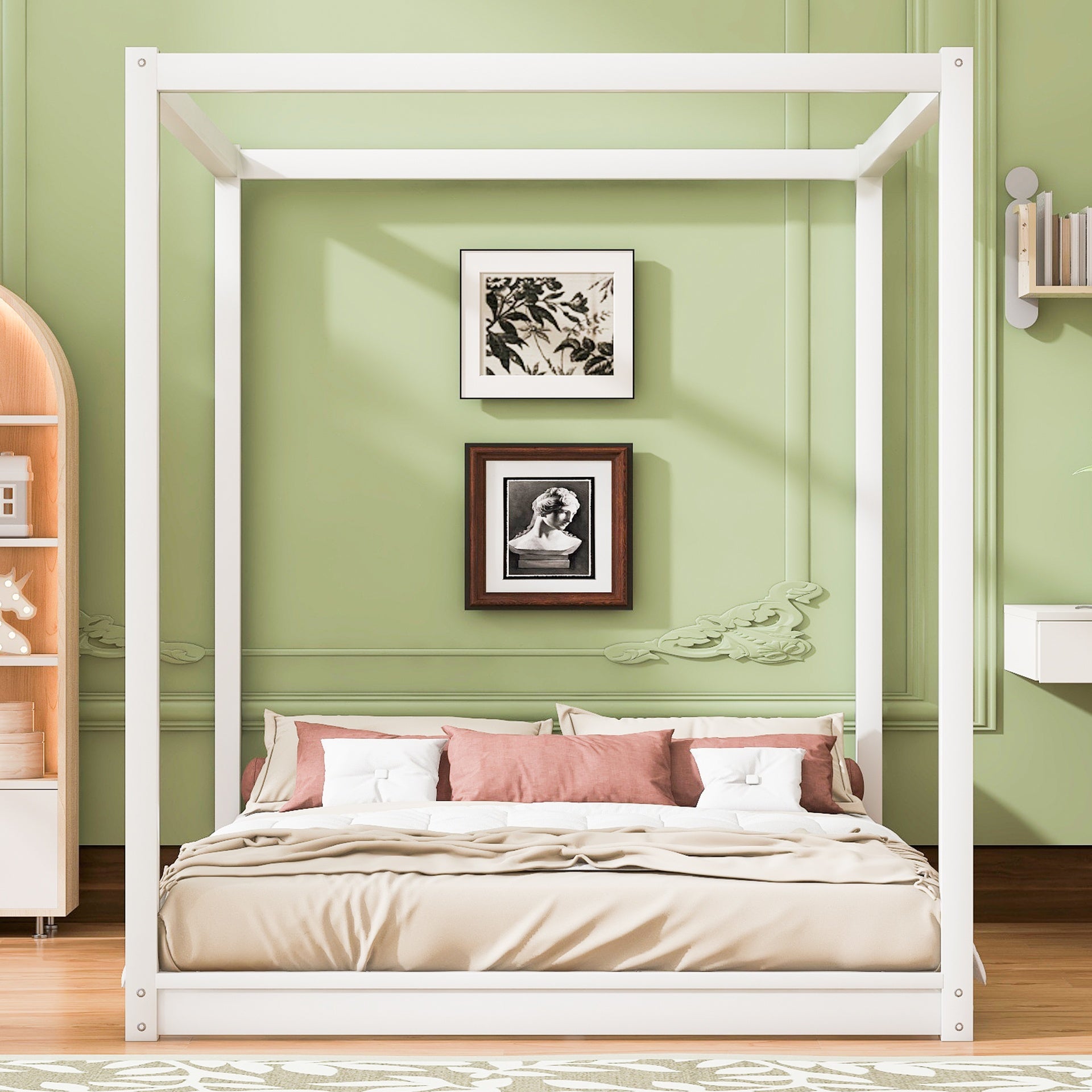 Queen Size Canopy Platform Bed with Support Legs,White