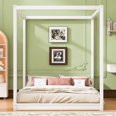 Queen Size Canopy Platform Bed with Support Legs,White