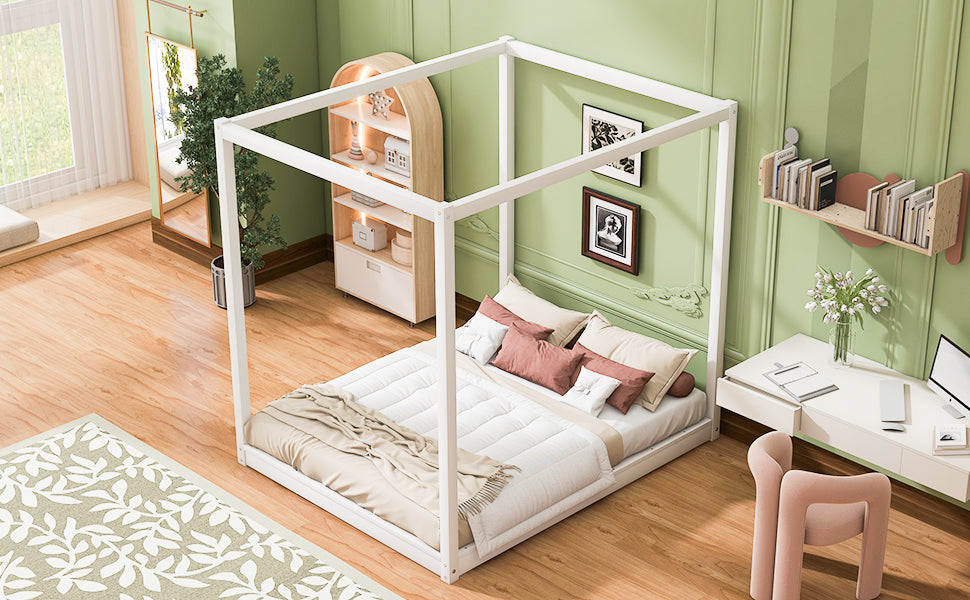 Queen Size Canopy Platform Bed with Support Legs,White