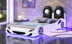 Wood Twin Size Race Car-Shaped Platform Bed with LED and Upholstered Backrest, White