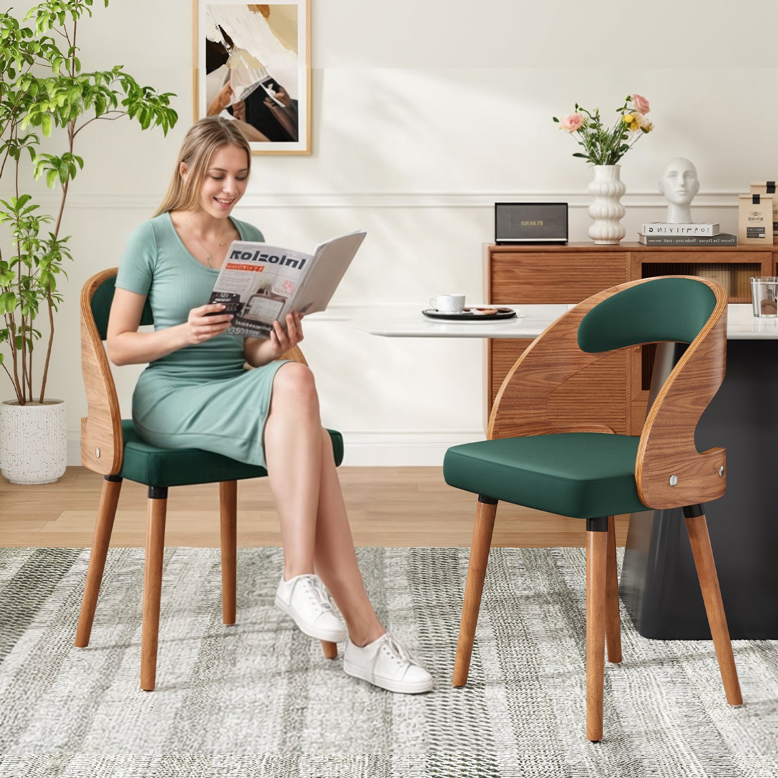Wood Dining Chairs, Set of 2 Modern Upholstered Dining Chairs with Curved Backrest for Kitchen, Dining Room, Living Room