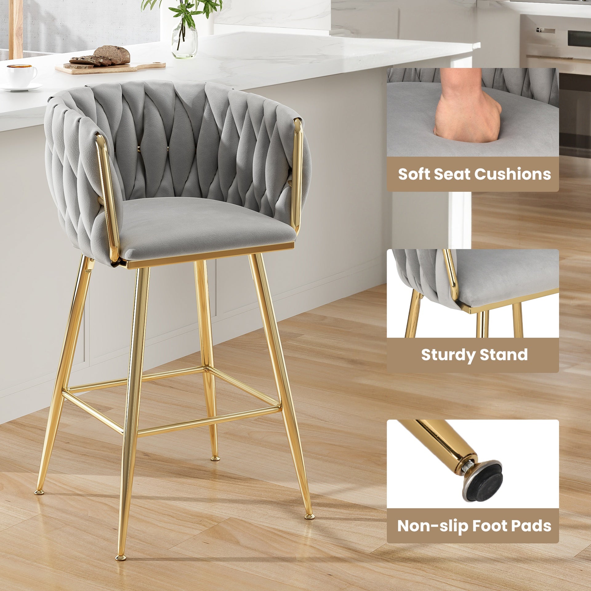 Counter Height Bar Stools Set of 2, 26 Inch Modern Mid-Century Kitchen Island Stools with Backs & Metal Legs