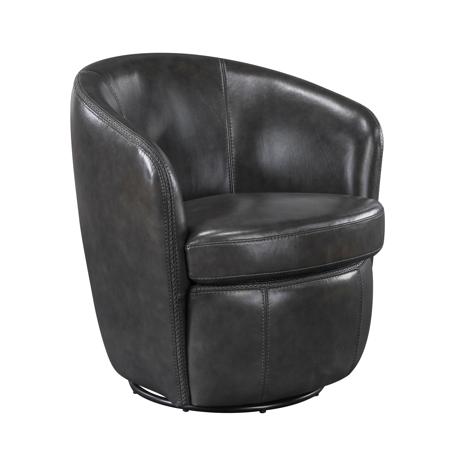 Luxury Living Room Furniture Swivel Chair Gray Top Grain Leather Upholstery Solid Wood 1pc Barrel Back Accent Chair