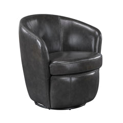 Luxury Living Room Furniture Swivel Chair Gray Top Grain Leather Upholstery Solid Wood 1pc Barrel Back Accent Chair