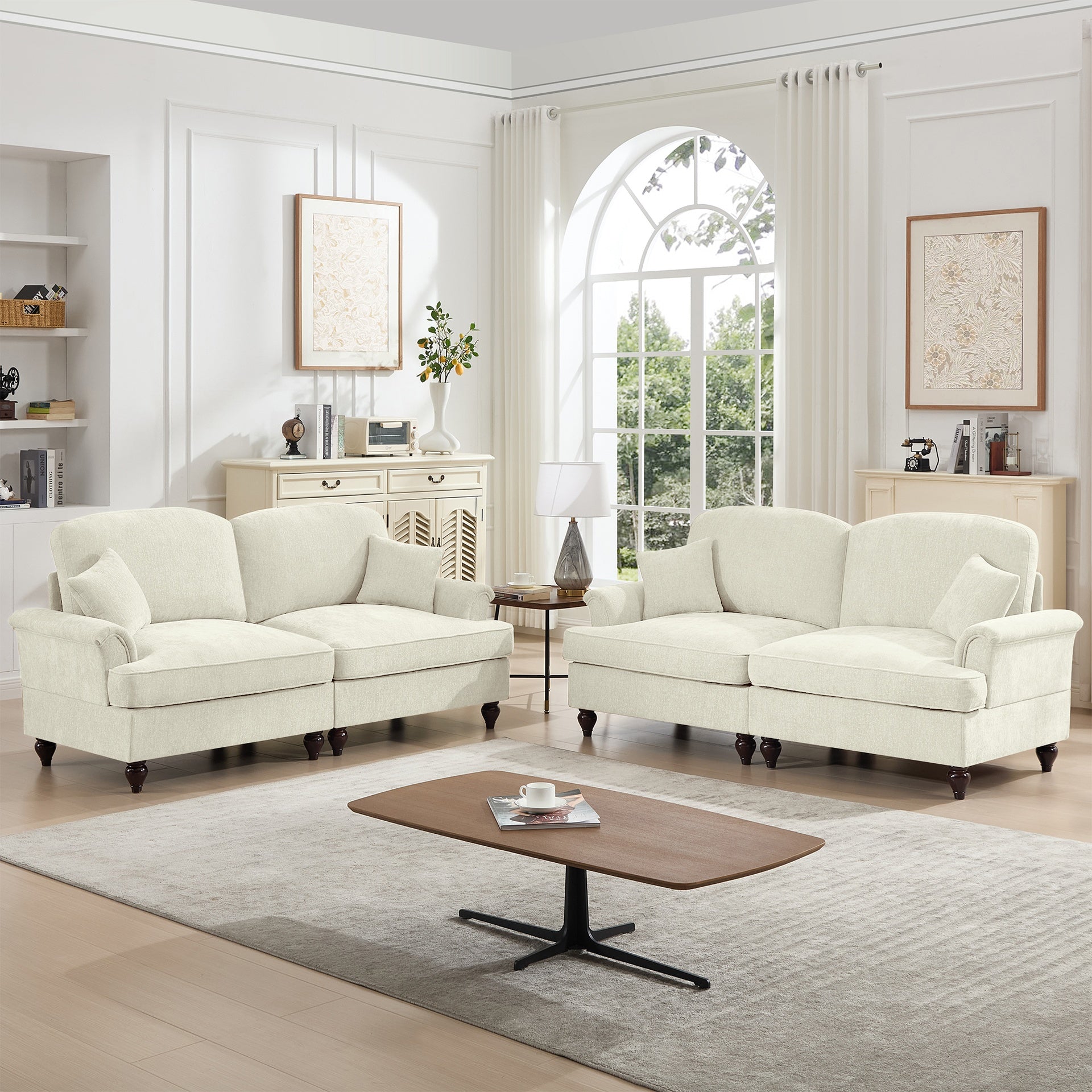 Classic 2 Piece Modular Couch Living Room Sofa Set with Flared Arms and Removable Ruffles Pleats Skirts and Spindle Legs, 2 Seater Sofa + 2-Seat Loveseat Sofa Sets for Living Room, Beige White