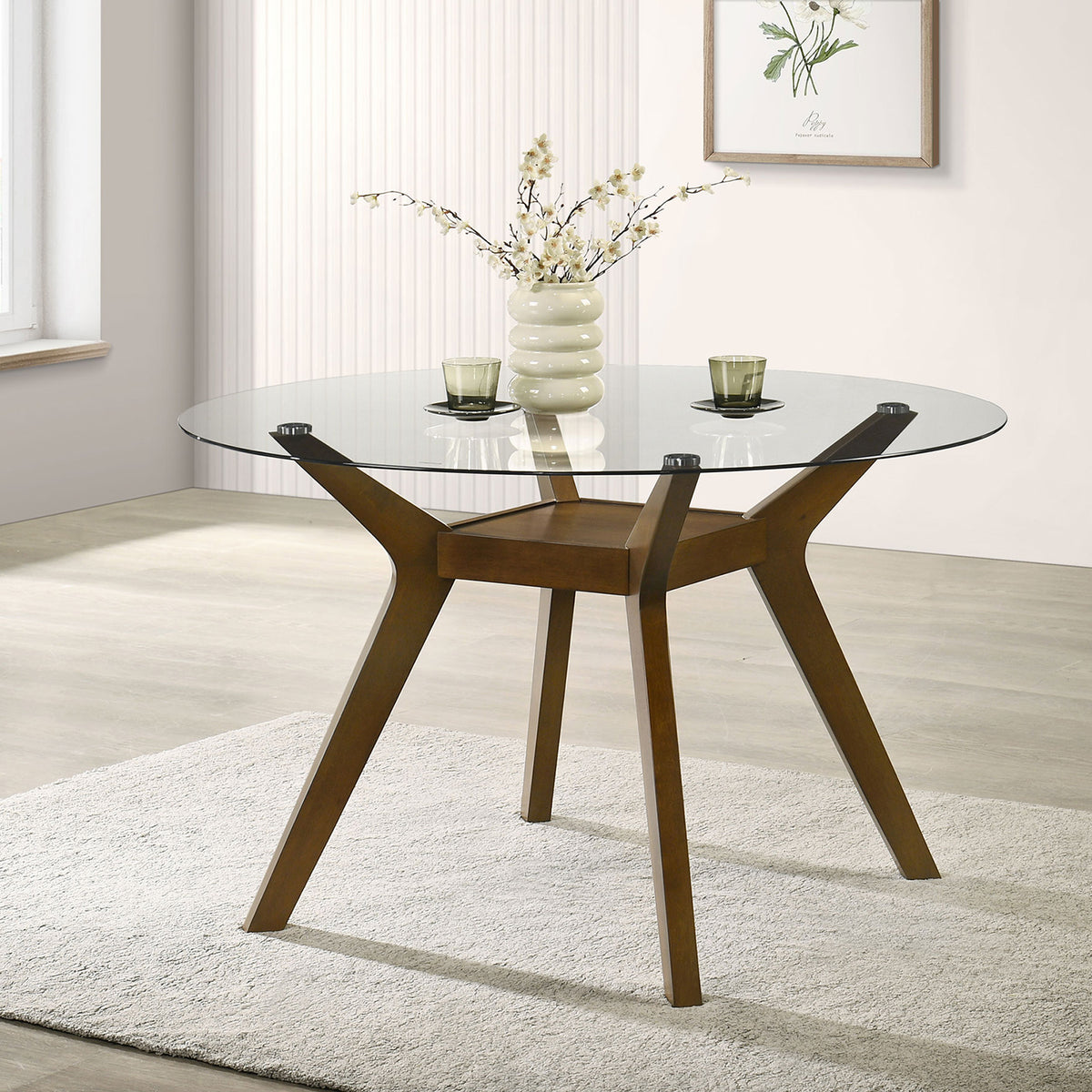 Flynn Brown Round Glass Top Wood Dining Table