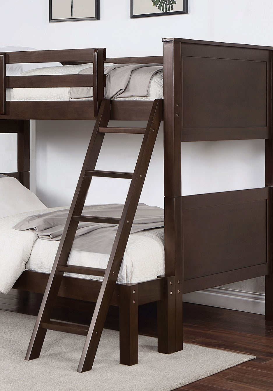 Transitional Style Twin Over Full Bunk Bed With Footboard Ladder, Walnut
