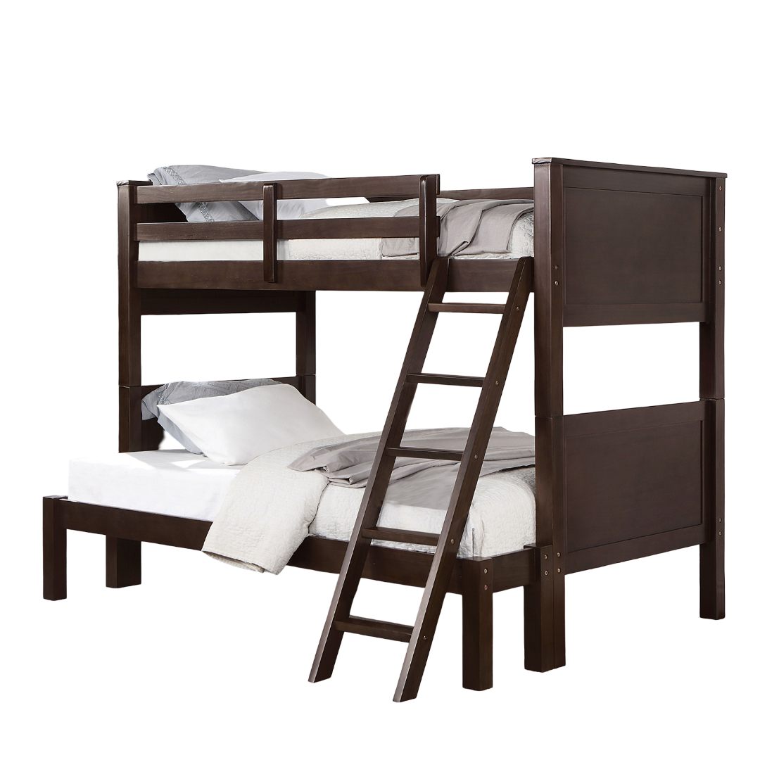 Transitional Style Twin Over Full Bunk Bed With Footboard Ladder, Walnut
