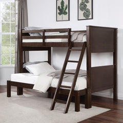 Transitional Style Twin Over Full Bunk Bed With Footboard Ladder, Walnut