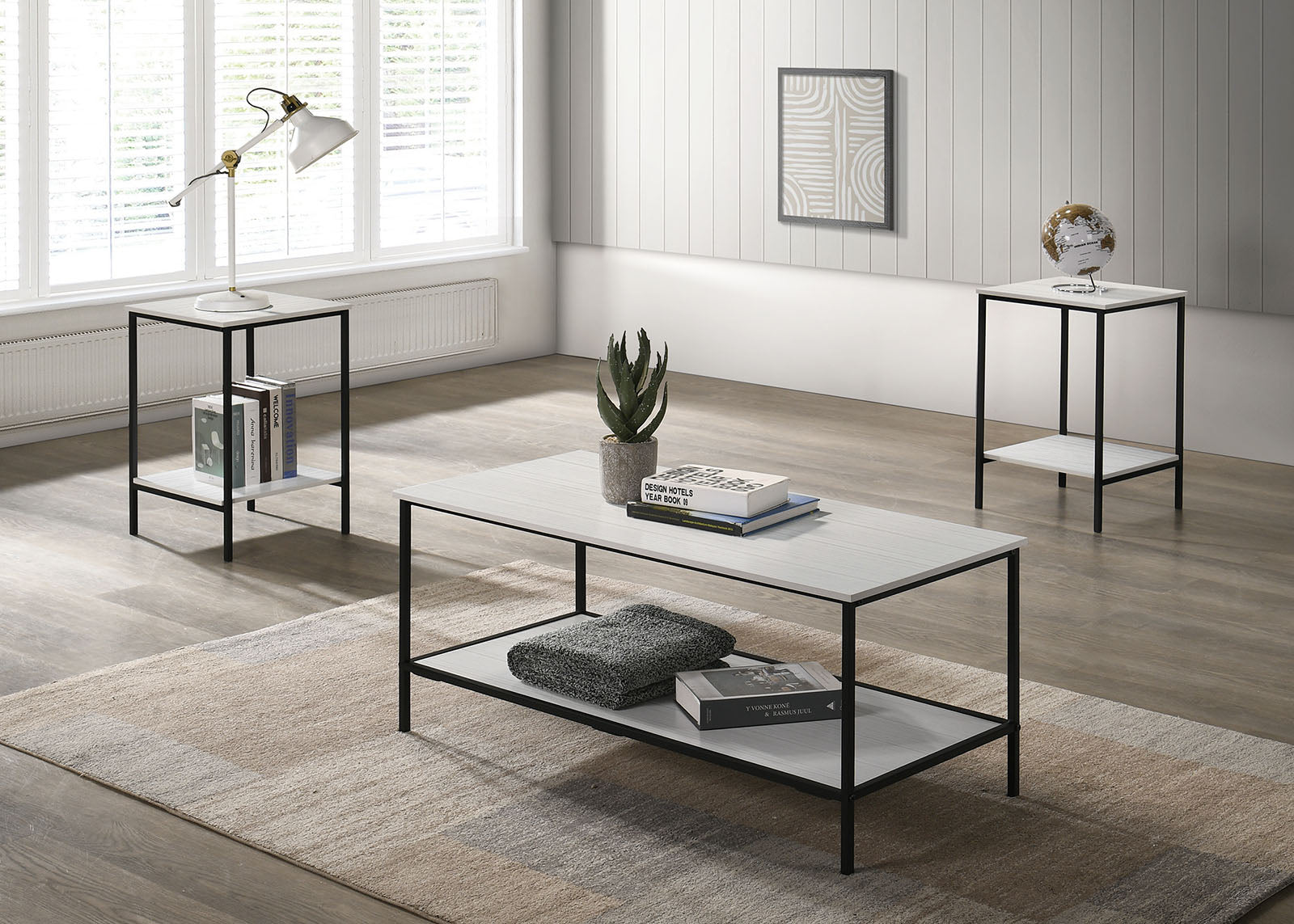 White Finish Rustic Style 3pc Table Set 1x Coffee Table 2x End Table Minimalist Style Two Layered Storage Space Primary Living Room