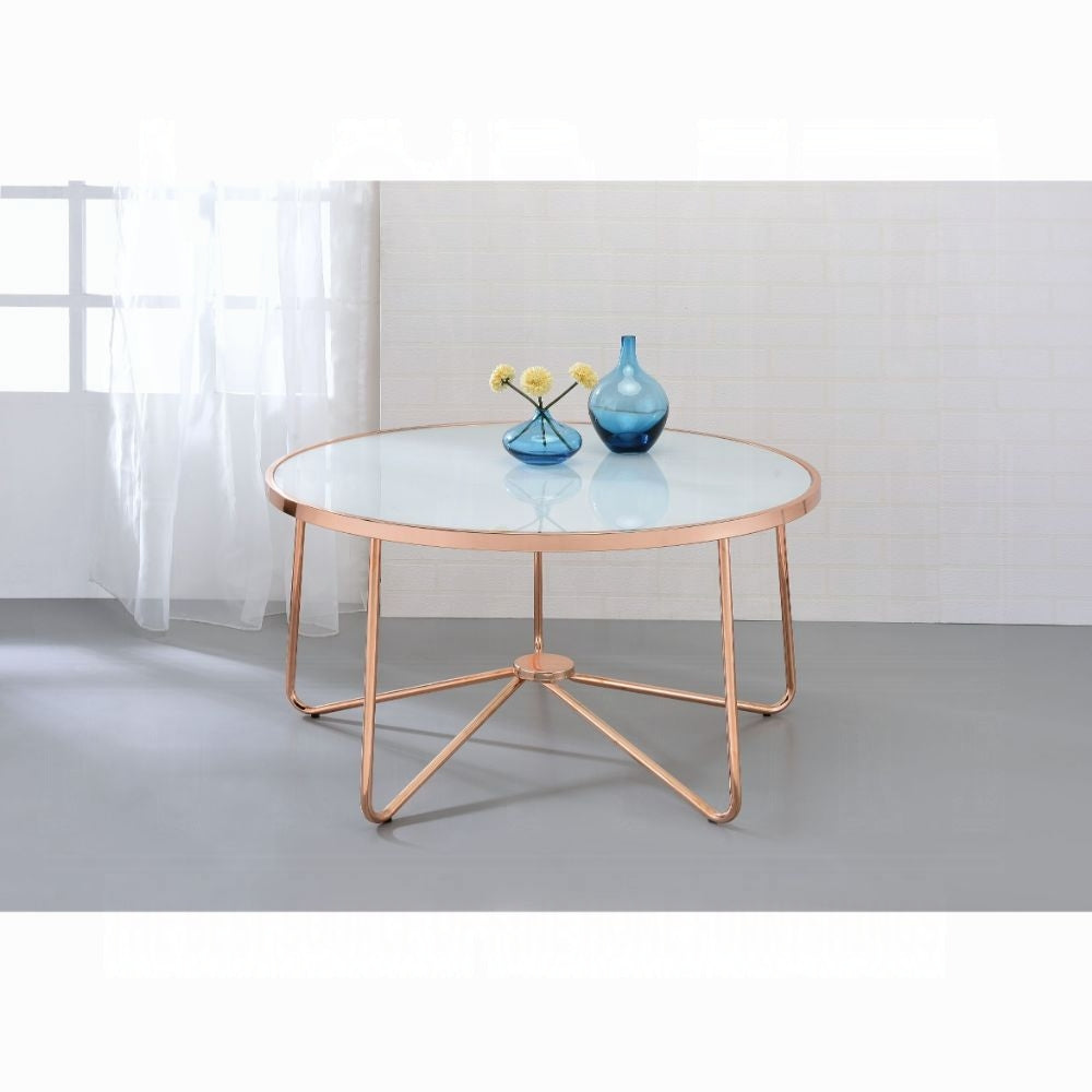 Rose Gold Finish Coffee Table Round Frosted Glass Top Modern Living Room Furniture 1pc Classy Occasional Table