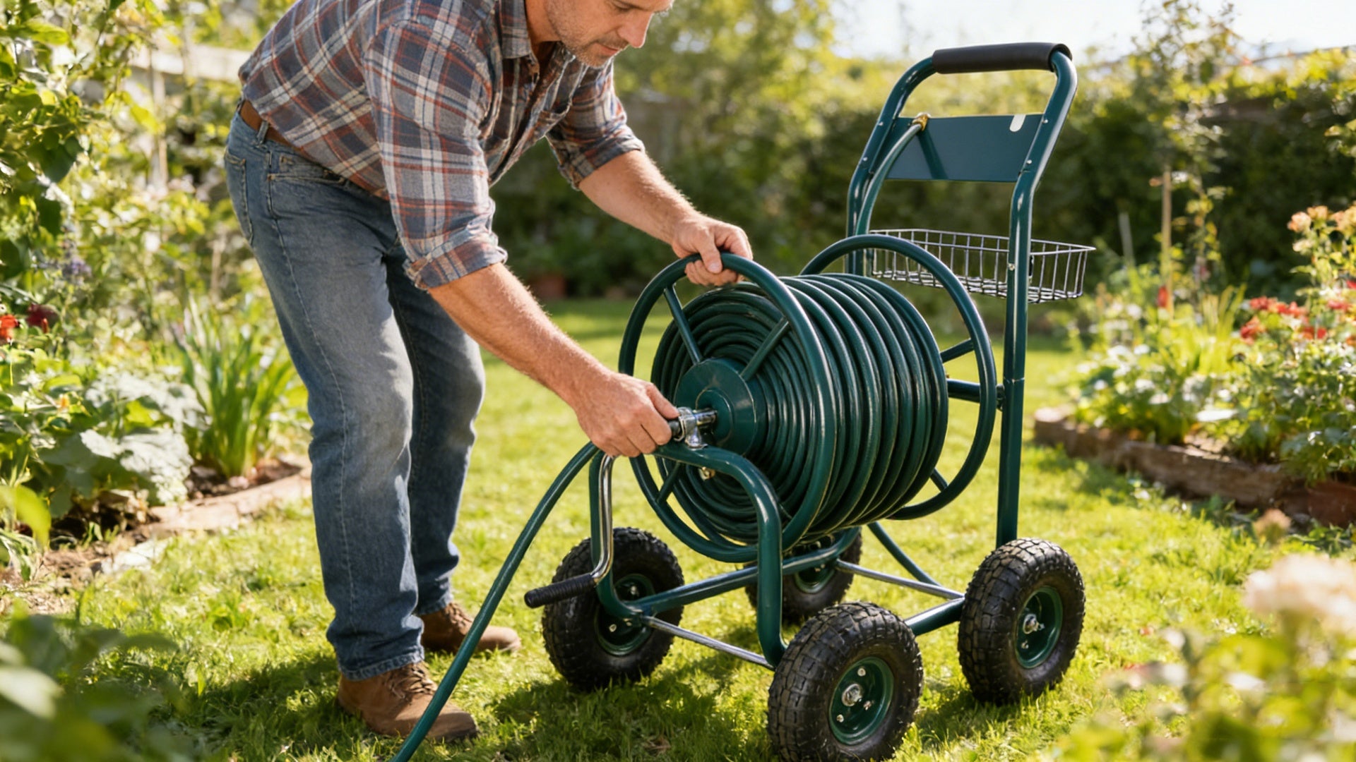Garden Hose Reel Cart - 4 Wheels Portable Garden Hose Reel Cart with Storage Basket Rust Resistant Heavy Duty Water Hose Holder