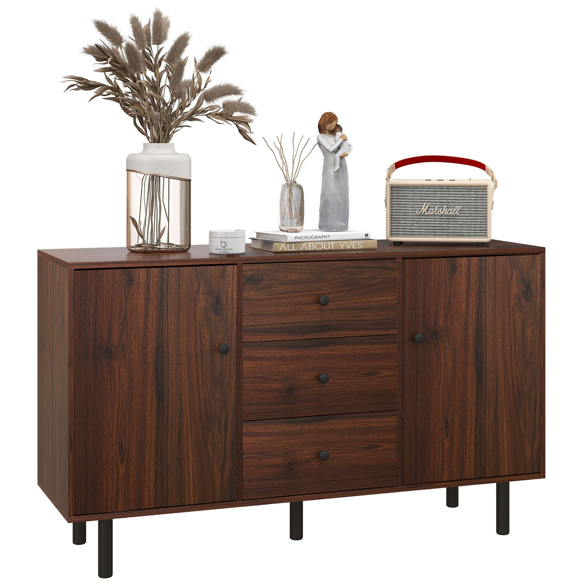 HOMCOM Sideboard Buffet Cabinet, Kitchen Cabinet with 2 Cupboards, 3 Drawers and Adjustable Shelves, Coffee Bar Cabinet for Living Room, Entryway, Rustic Brown