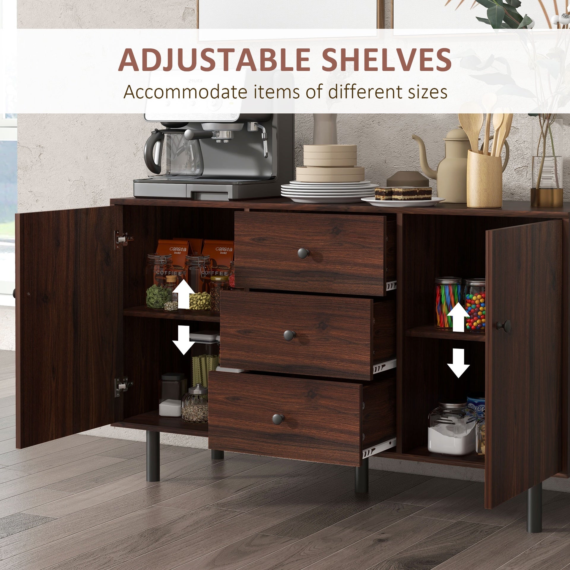 HOMCOM Sideboard Buffet Cabinet, Kitchen Cabinet with 2 Cupboards, 3 Drawers and Adjustable Shelves, Coffee Bar Cabinet for Living Room, Entryway, Rustic Brown