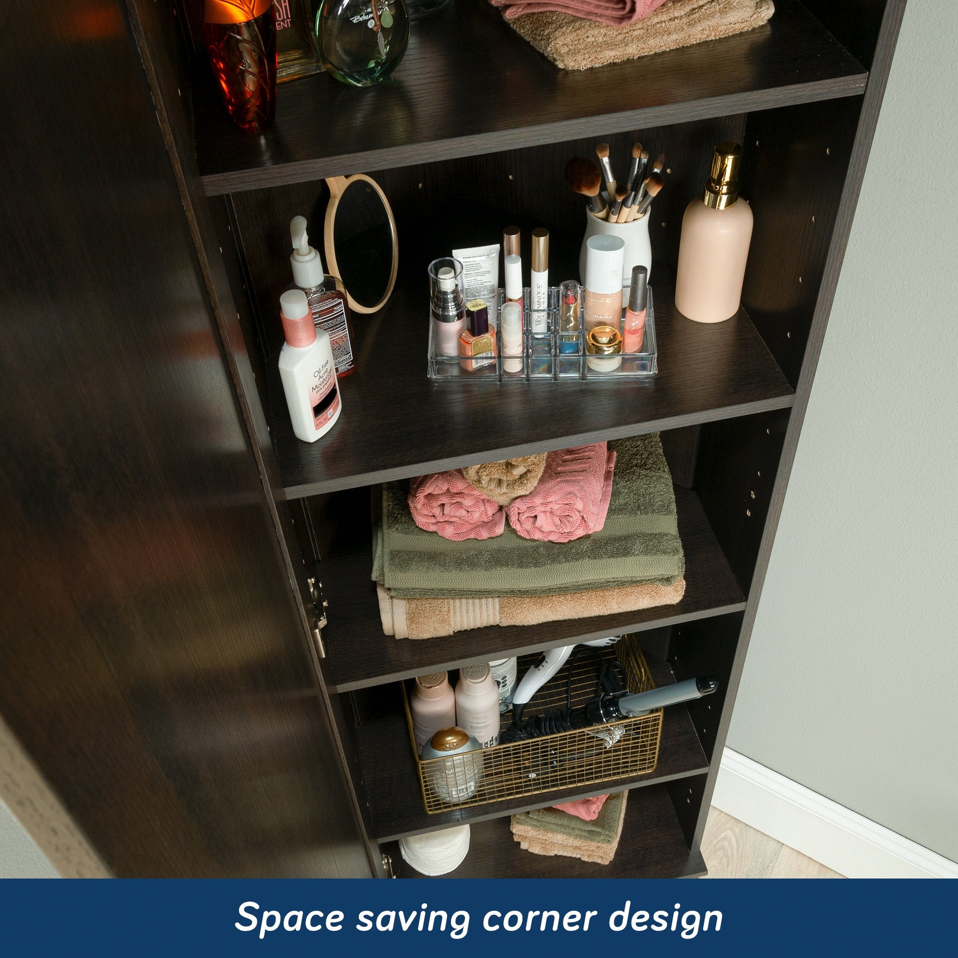 Contemporary Corner Storage Cabinet with 5 Shelves, Brown finish