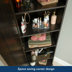 Contemporary Corner Storage Cabinet with 5 Shelves, Brown finish
