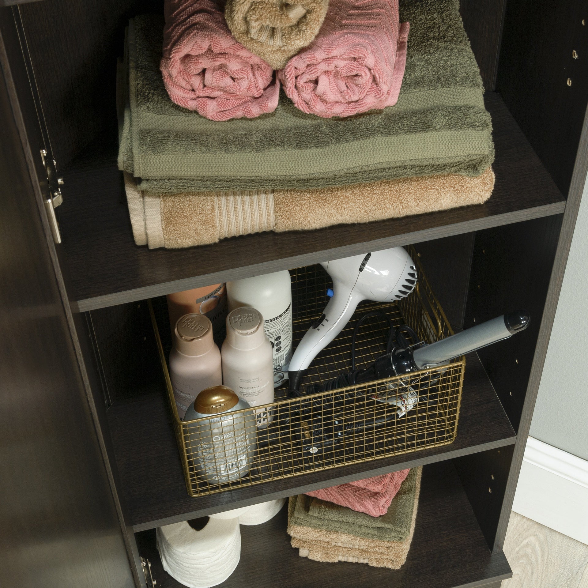 Contemporary Corner Storage Cabinet with 5 Shelves, Brown finish