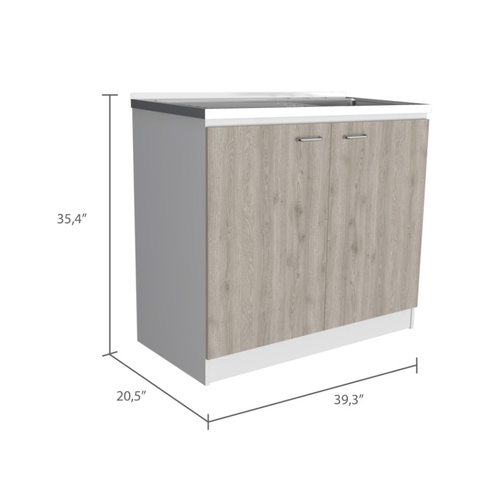 Freestanding Sink, Double Door Cabinet, Two Shelves, White / Light Gray