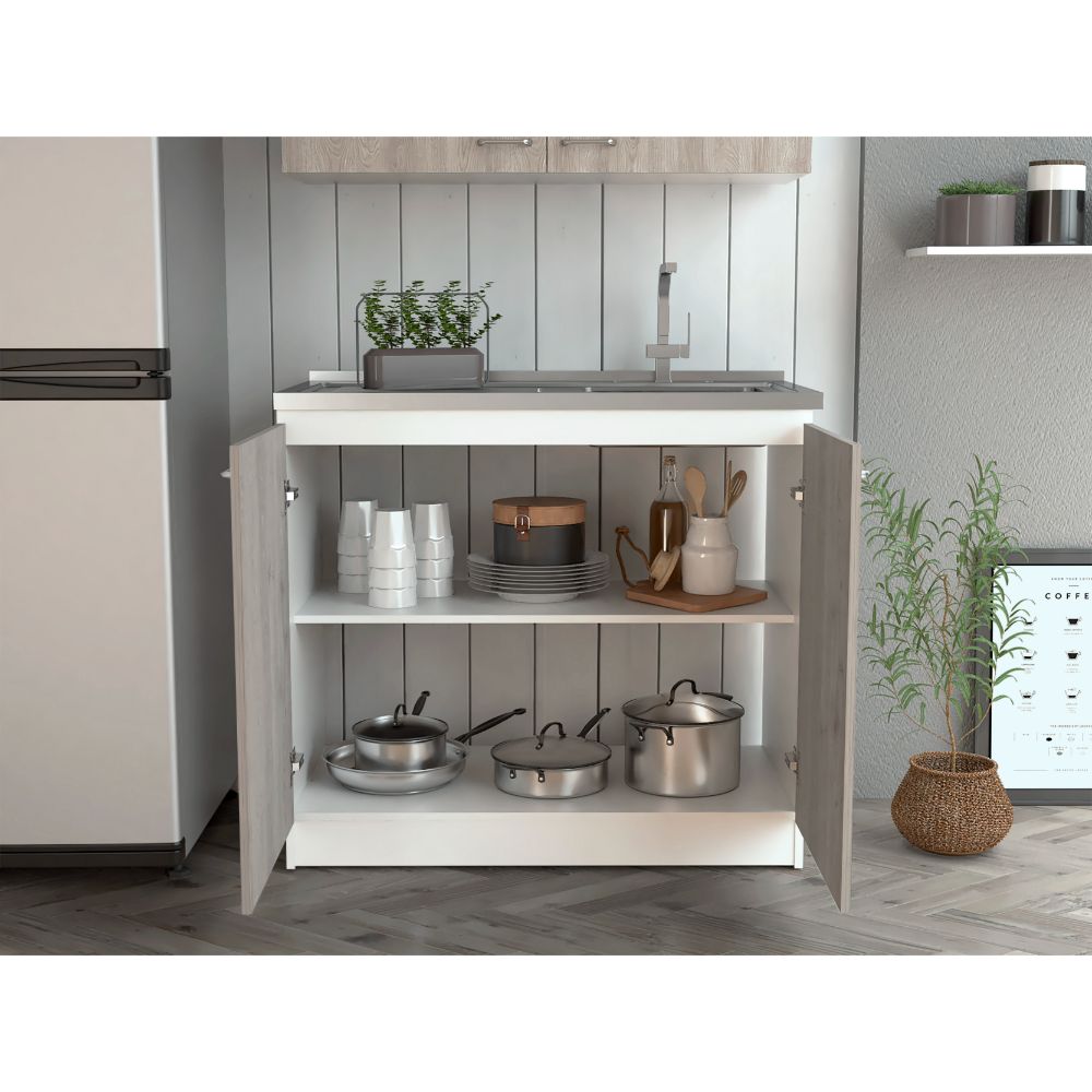 Freestanding Sink, Double Door Cabinet, Two Shelves, White / Light Gray