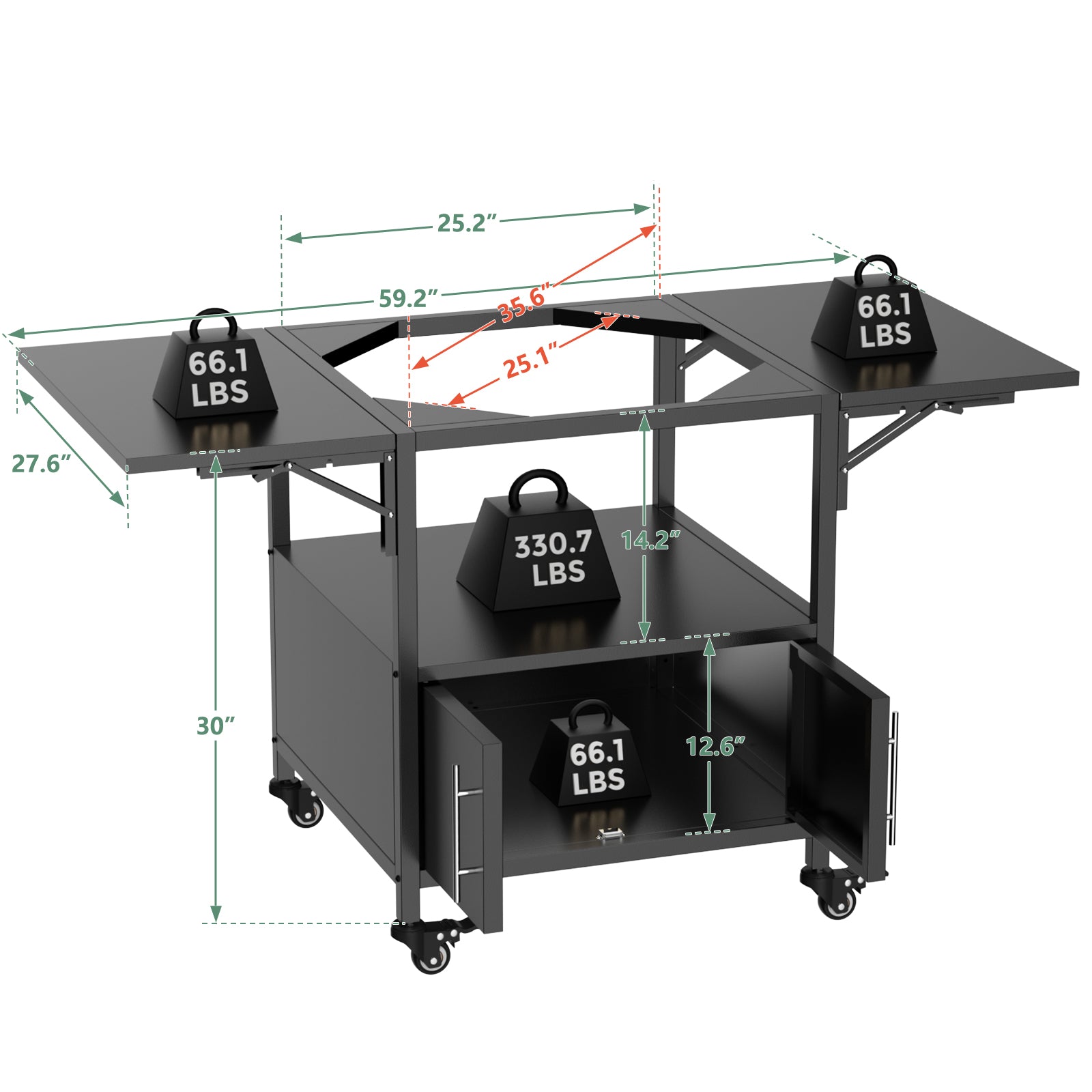 Outdoor Grill Table for Big Green Egg Style BBQ, Metal Grill Cart with 2 Folding Panels, Compatible with up to Large Green Egg, Kamado Joe Jr