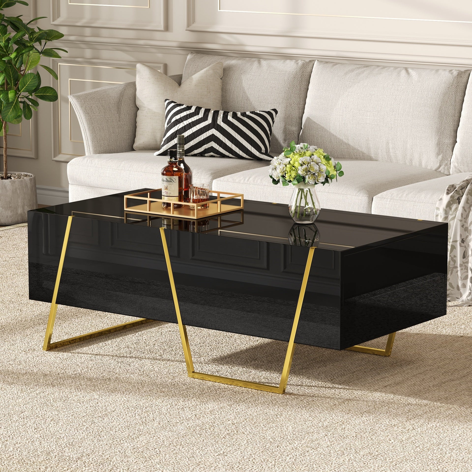 Modern Rectangular High Gloss Coffee Table for Living Room with Storage and Gold Base, 4 drawers, Black, 47.2"