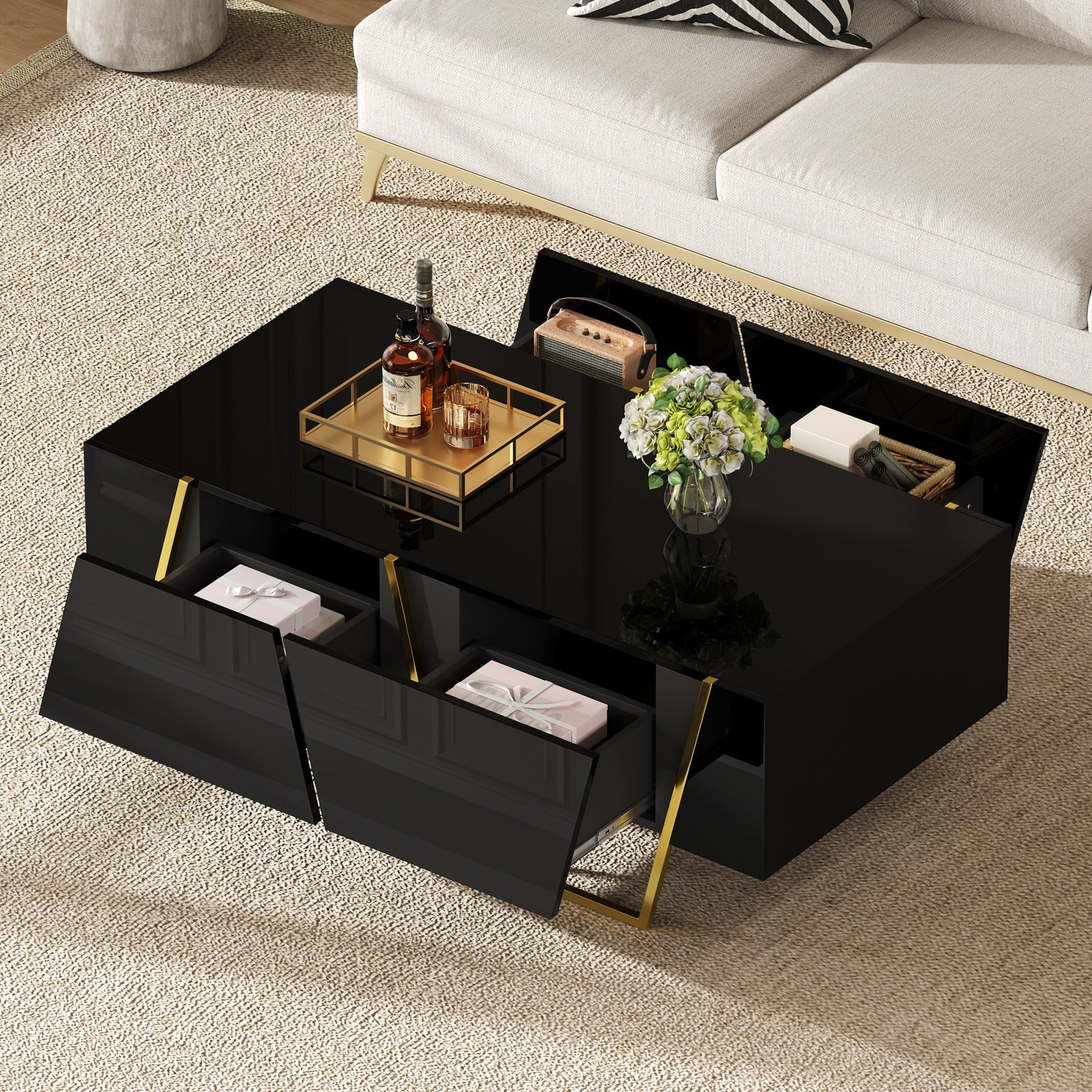 Modern Rectangular High Gloss Coffee Table for Living Room with Storage and Gold Base, 4 drawers, Black, 47.2"