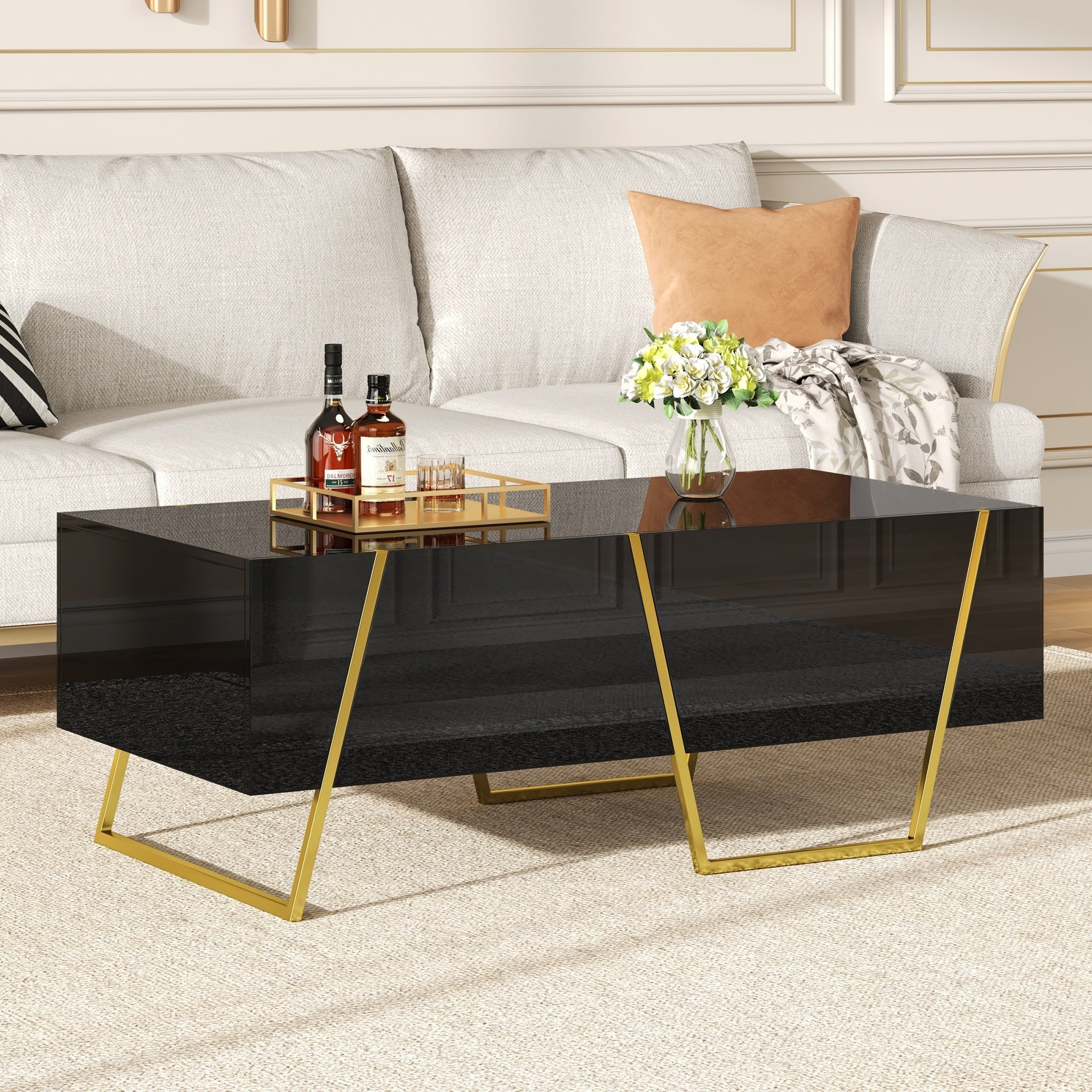 Modern Rectangular High Gloss Coffee Table for Living Room with Storage and Gold Base, 4 drawers, Black, 47.2"