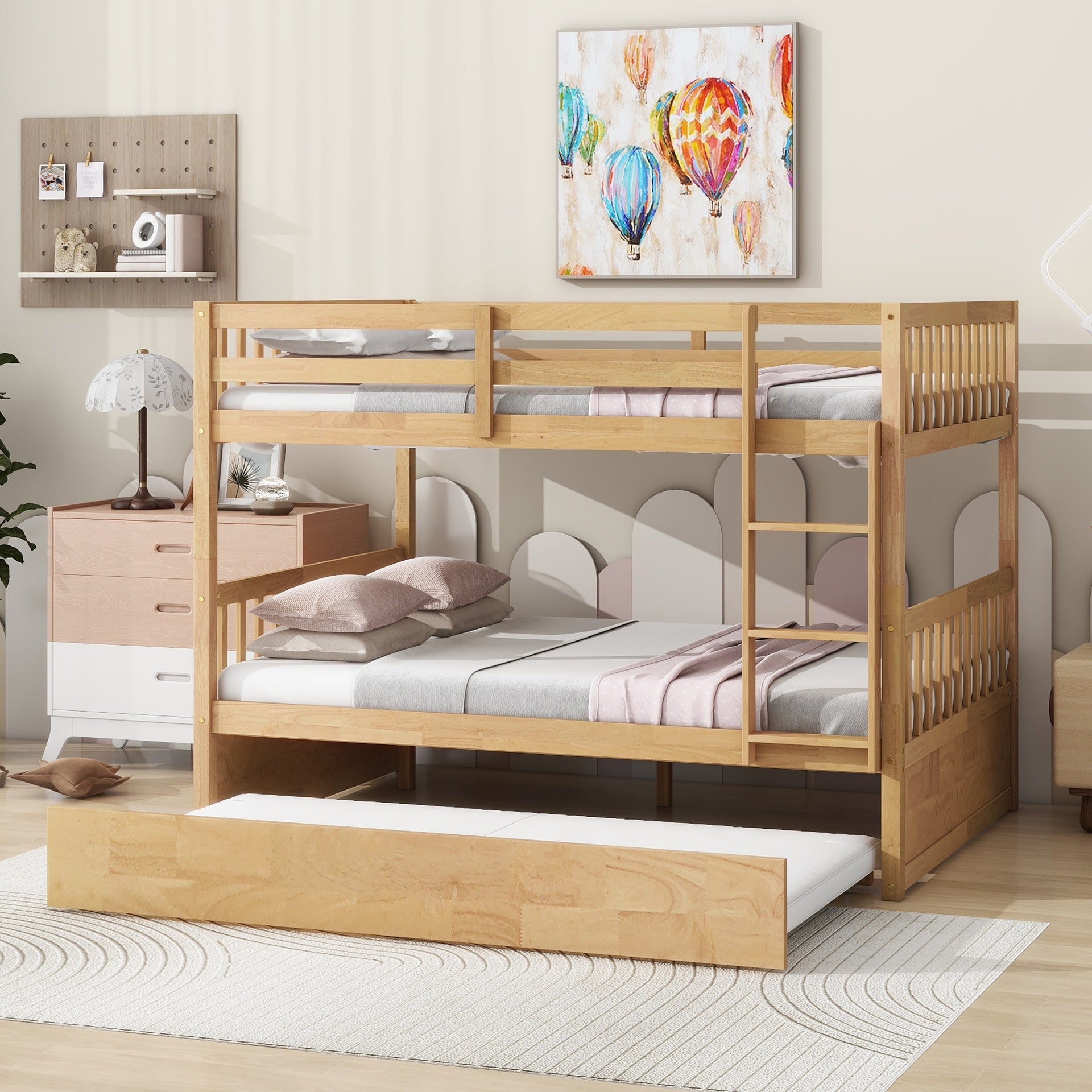 Full Over Full Rubber Wood Bunk Bed with Trundle, Ladder and Guardrails, Convertible to 2 Full Size Beds, with Twin Size Trundle,White Oak