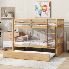 Full Over Full Rubber Wood Bunk Bed with Trundle, Ladder and Guardrails, Convertible to 2 Full Size Beds, with Twin Size Trundle,White Oak