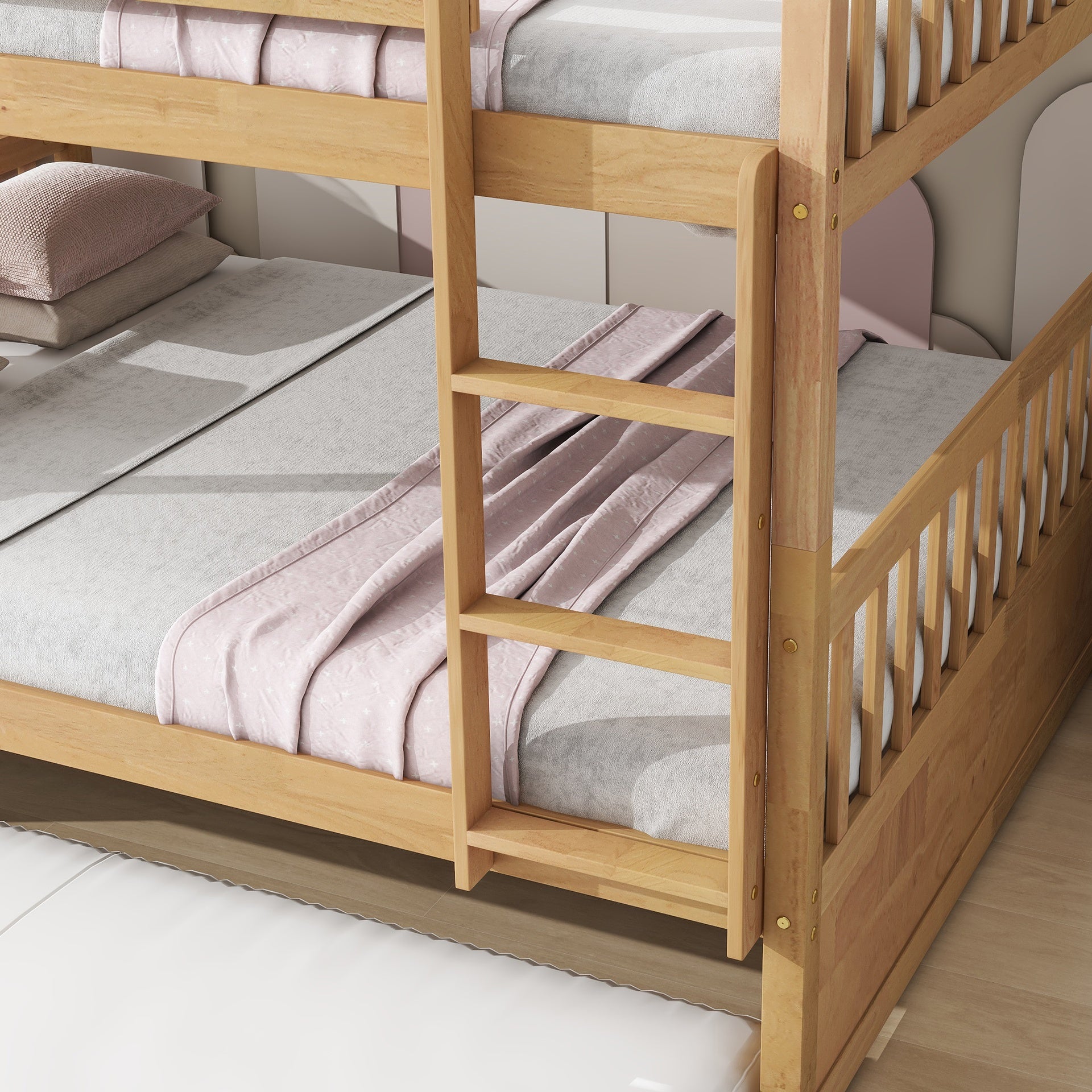 Full Over Full Rubber Wood Bunk Bed with Trundle, Ladder and Guardrails, Convertible to 2 Full Size Beds, with Twin Size Trundle,White Oak